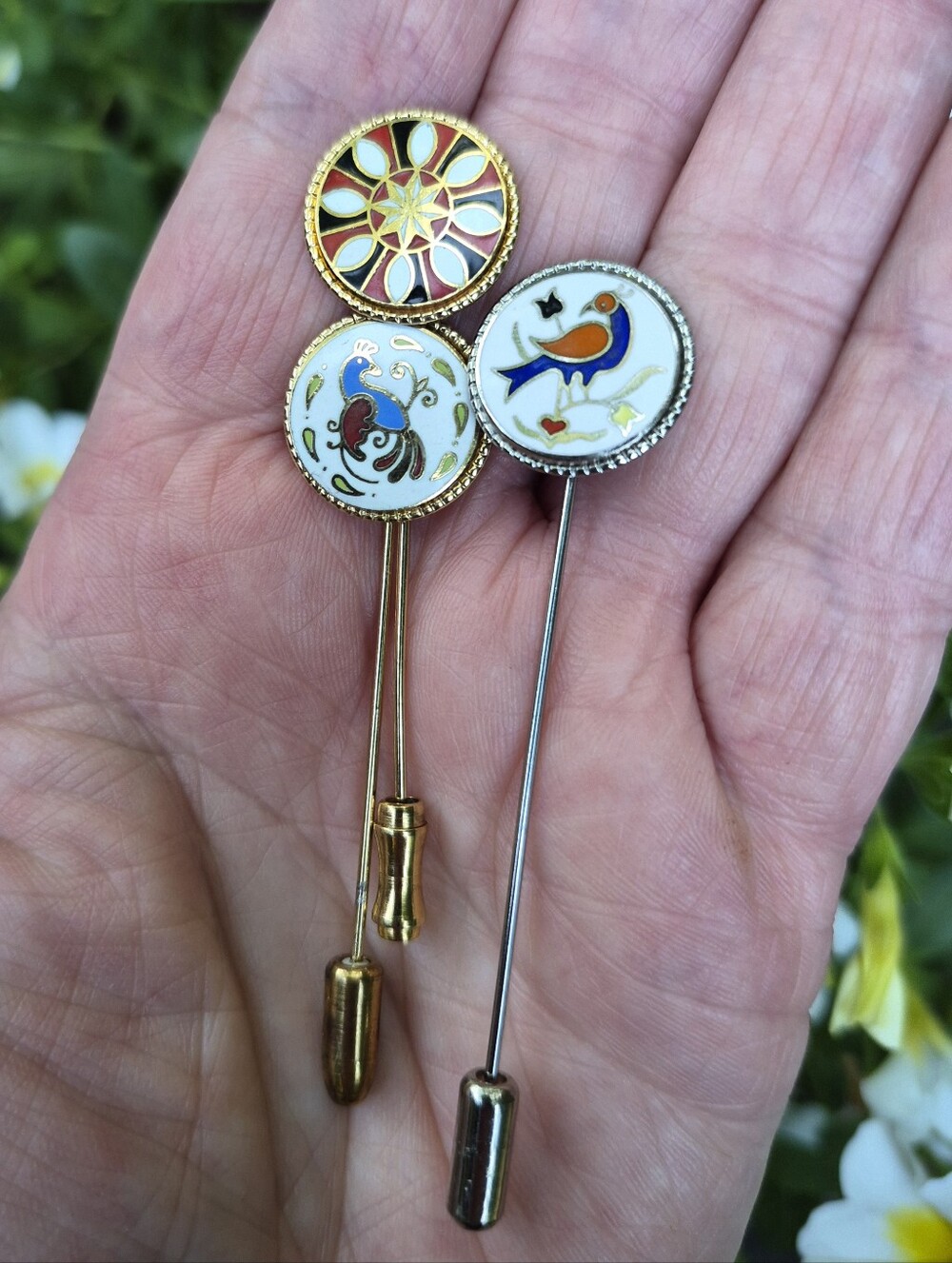Stick Pin Lot 1960s Pennsylvania Dutch Distelfink Peacock Vintage Cloisonne
